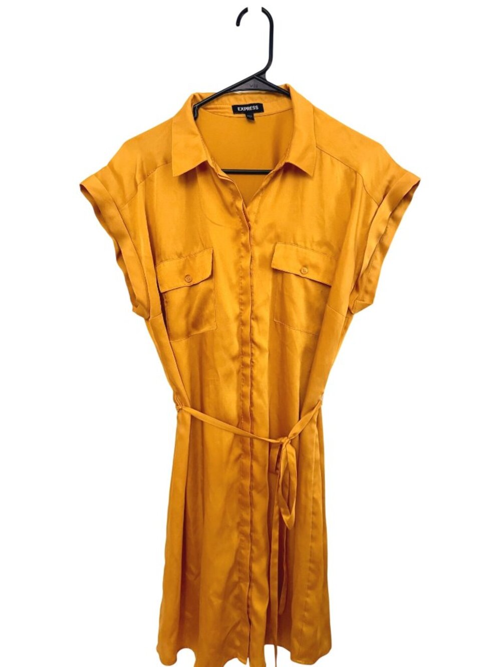 Express Satin Shirt Dress w/ Belt, Size L, Mustard Yellowm wedding guest, cockta